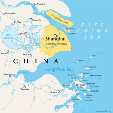 Şangay ve Yangtze Nehri Deltası, büyük şehirlerle siyasi harita. Çin Megalopolisi, Yangtze Nehri 'nin Doğu Çin Denizi' ne döküldüğü yer, Hangzhou Körfezi ve Zhoushan Takımadası..