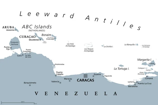 Leeward Antillák Szürke Politikai Térkép Karib Szigeteki Lánc Arubától Curacaótól — Stock Vector