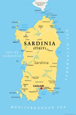 Sardunya, İtalyan adası, başkent Cagliari ile politik harita. Sardegna, Sardinya Özerk Bölgesi, Akdeniz 'in ikinci büyük adası, Korsika' nın güneyi, İtalya Yarımadası 'nın batısı..