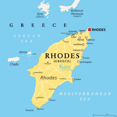 Rodos, Yunan adası, siyasi harita. Yunanistan 'ın en büyük Dodekan adası olan Akdeniz' de Güneş Adası, İnci Adası ve Şövalyeler Adası gibi birçok lakabı vardır..