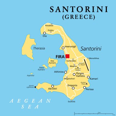 Santorini, Yunanistan 'ın bir adası, siyasi harita. Resmi olarak Thira ve klasik Yunan Thera, Ege Denizi 'ndeki bir takımadanın kalıntısı ve Kiklad' ın en güneydeki üyesidir.. 