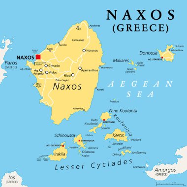 Naxos ve Lesser Cyclades, Yunan adaları, siyasi harita. Ege Denizi 'ndeki ada grubu ve Cyclades takımadasının bir parçası. Bir dizi plajı ve çeşitli harabeleri olan popüler turizm beldesi.