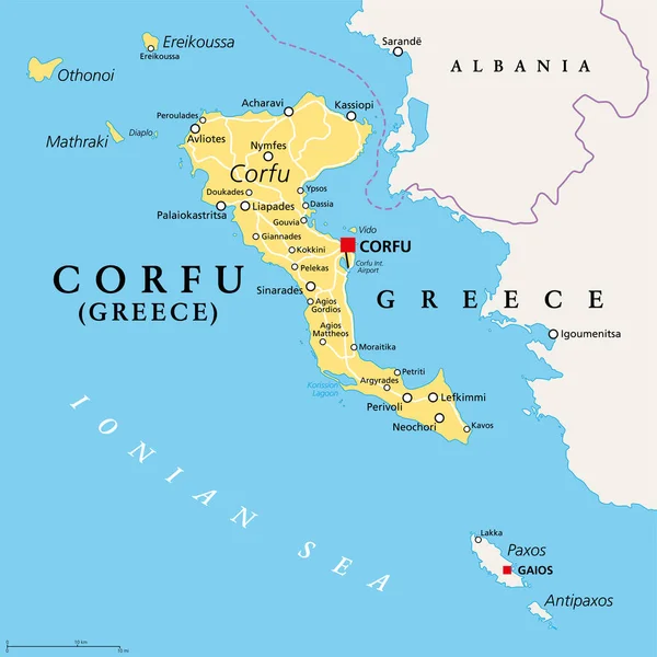 Corfú Isla Grecia Mapa Político También Conocida Como Kerkyra Una — Vector de stock