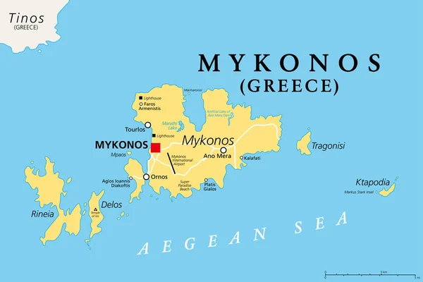 Mykonos Een Eiland Van Griekenland Politieke Kaart Grieks Eiland Egeïsche — Stockvector