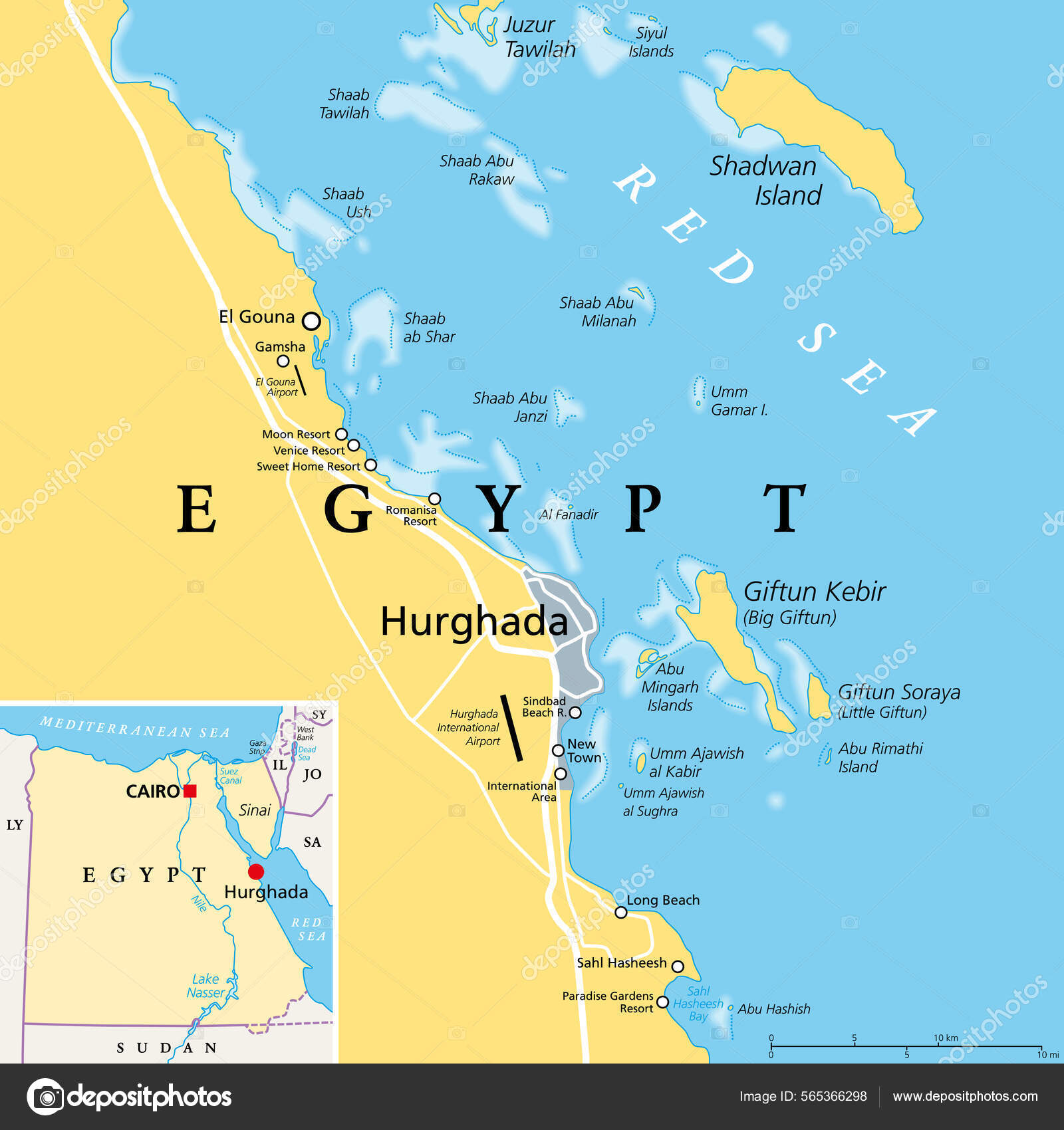 Hurghada Arredores Egito Mapa Político Cidade Área Província Mar Vermelho  Vetor de ©Furian 565366298, image size:1600x1700