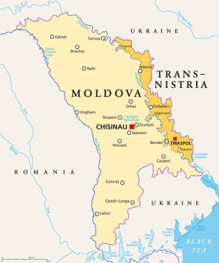 Moldova ve Transnistria, siyasi harita. Başkent Chisinau ile Moldova Cumhuriyeti ve başkent Tiraspol ile tartışmalı ve tanınmamış bir ayrılık devleti olan Pridnestrovia Moldova Cumhuriyeti, PMR.