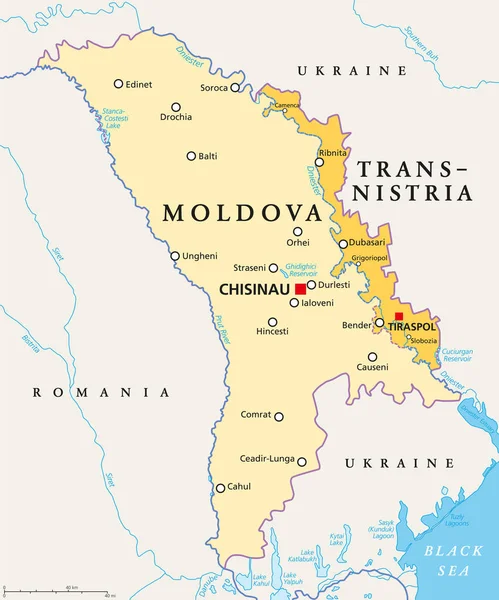 Moldavia Transdniéster Mapa Político República Moldavia Con Capital Chisinau República — Vector de stock