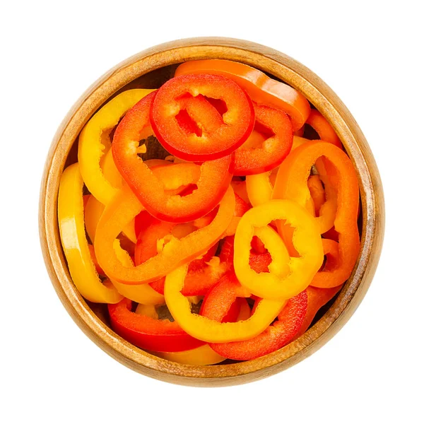 Sliced Snacking Mini Sweet Peppers Wooden Bowl Cross Sections Ripe — Stock Photo, Image