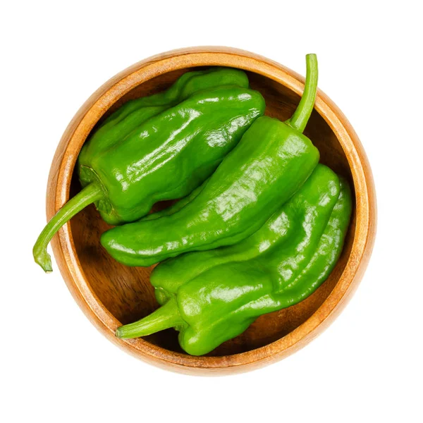 Pimentos Crus Padron Também Chamados Pimentas Herbon Uma Tigela Madeira — Fotografia de Stock