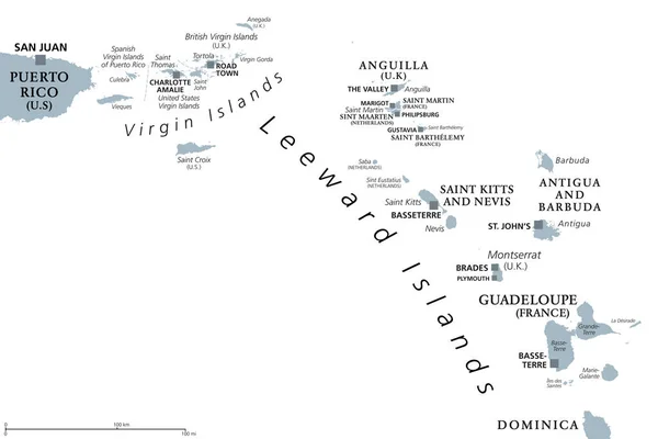 Ilhas Leeward Mapa Político Cinzento Parte Das Pequenas Antilhas Norte —  Vetores de Stock