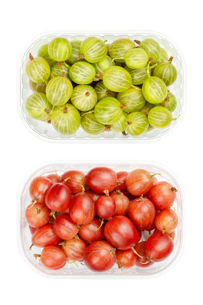 Green Red Gooseberries Plastic Containers Fresh Ripe Berries Fruits Ribes — ストック写真