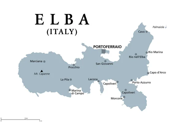 Elba Gray Political Map Mediterranean Island Tuscany Italy Capital Portoferraio — Wektor stockowy