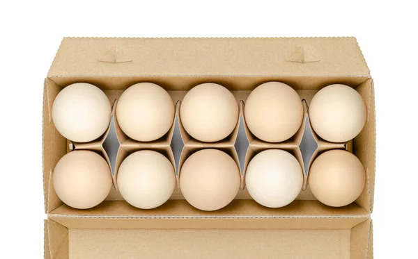 Fresh Chicken Eggs Cardboard Container Raw Organic Brownish Hen Eggs — Fotografia de Stock