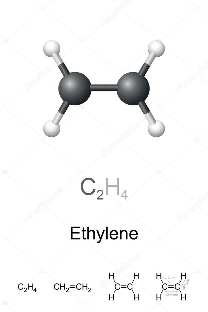 Ethylene, ethene, ball-and-stick model, molecular and chemical formula. Simplest alkene. Worldwide most produced organic compound in chemical industry, mostly for polyethylene, a widely used plastic.