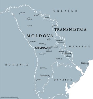 Moldova ve Transnistria, gri politik harita. Başkent Chisinau ve Pridnestrovia Moldova Cumhuriyeti, başkent Tiraspol ile tartışmalı ve tanınmamış bir ayrılık devleti olan PMR ile Moldova Cumhuriyeti.