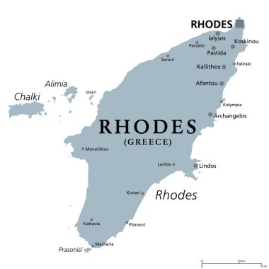 Rhodes, Greek island, gray political map. Largest of Dodecanese islands of Greece, in the Mediterranean Sea, with nicknames, such as Island of the Sun, The Pearl Island, and The Island of the Knights.