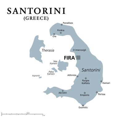 Santorini, an island of Greece, gray political map. Officially Thira and classical Greek Thera. Archipelago and remnant of a caldera in the Aegean Sea, and the southernmost member of the Cyclades. 