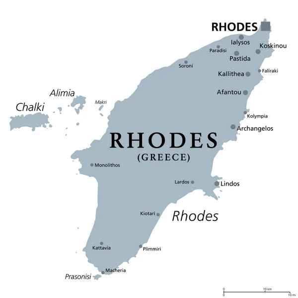 Rhodes Greek Island Gray Political Map Largest Dodecanese Islands Greece — Vector de stock