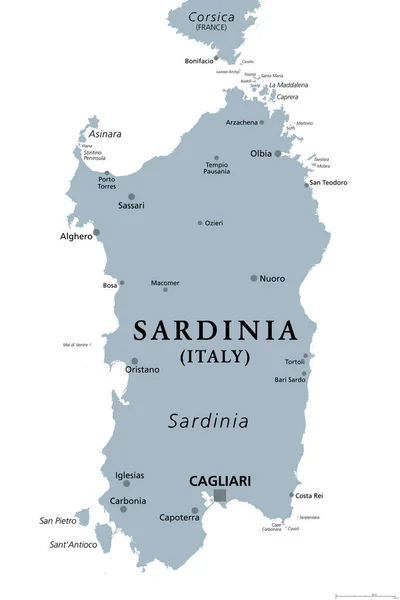 Sardinien Italiensk Grå Politisk Karta Med Huvudstad Cagliari Sardegna Den — Stock vektor