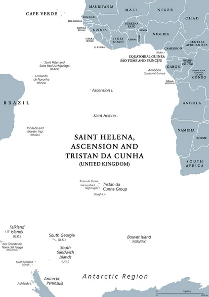 South Atlantic Islands Gray Political Map Islands Archipelagos Africa Brazil — Stok Vektör