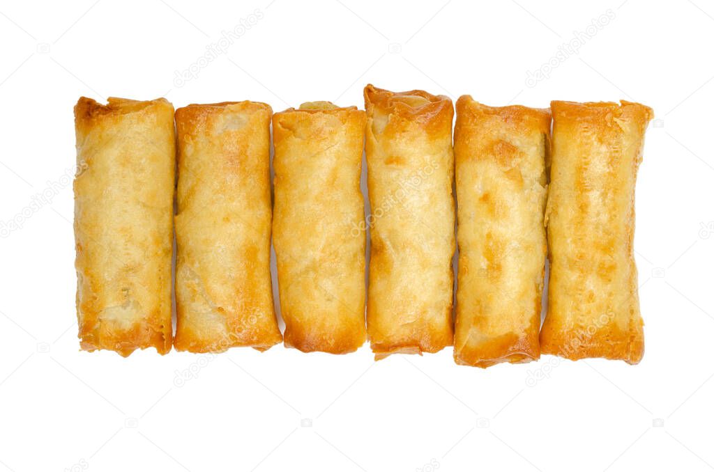 Group of mini spring rolls, ready to eat, in a row, from above. Small spring rolls, crispy baked in the oven. Filled and rolled wrappers, appetizers in Asian cuisine. Close-up, isolated over white.