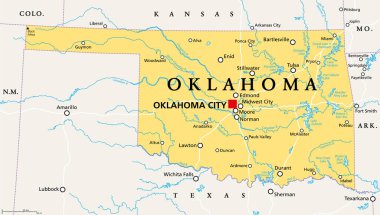 Oklahoma, tamam, başkenti Oklahoma olan politik harita, önemli şehirler, nehirler ve göller. Güney Orta Amerika 'daki Amerikan Eyaleti, lakabı 