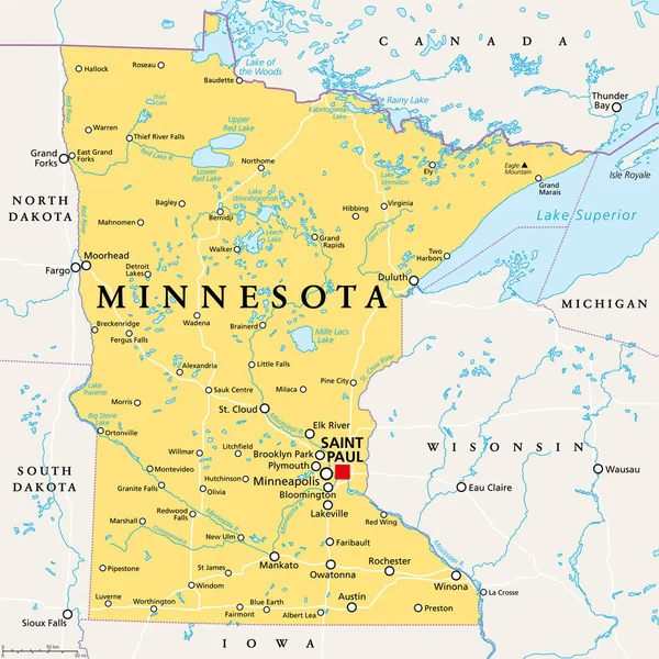 Minnesota, MN, politik harita, başkenti Saint Paul ve metropolitan bölgesi Minneapolis. Birleşik Devletler 'in orta batısında eyalet. Takma adı 10.000 Gölün Ülkesi, Kuzey Yıldızı Eyaleti ve Gopher Eyaleti.