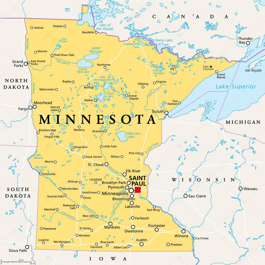 Minnesota, MN, political map, with capital Saint Paul and metropolitan area Minneapolis. State in the upper Midwestern United States. Nicknamed Land of 10,000 Lakes, North Star State and Gopher State.