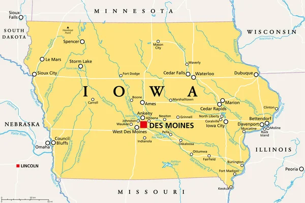 Iowa Political Map Capital Des Moines Most Important Cities Rivers — стоковий вектор