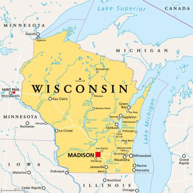 Wisconsin, WI, politik harita, başkent Madison ve büyük şehir Milwaukee ile. Porsuk Eyaleti ve Amerika 'nın Daireleri lakaplarıyla Orta Batı Amerika Birleşik Devletleri' nde eyalet..