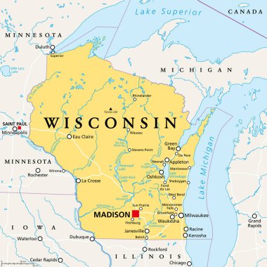 Wisconsin, WI, political map, with the capital Madison and metropolitan area Milwaukee. State in the upper Midwestern United States of America, with the nicknames Badger State, and Americas Dairyland. clipart