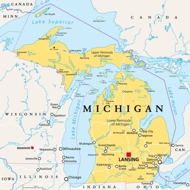 Michigan, MI, political map, with capital Lansing and metropolitan area Detroit. State in Great Lakes region of upper Midwestern United States, nicknamed The Great Lake State, and The Wolverine State.