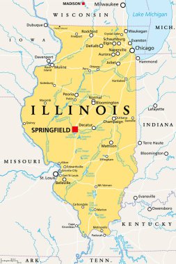 Illinois, IL, political map, with capital Springfield and metropolitan area Chicago. State in the Midwestern region of United States, nicknamed Land of Lincoln, Prairie State, and Inland Empire State. clipart