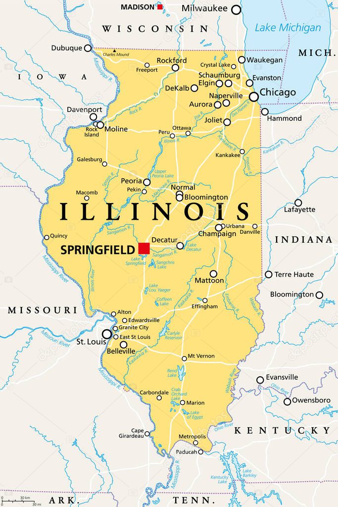 Illinois, IL, political map, with capital Springfield and metropolitan area Chicago. State in the Midwestern region of United States, nicknamed Land of Lincoln, Prairie State, and Inland Empire State.
