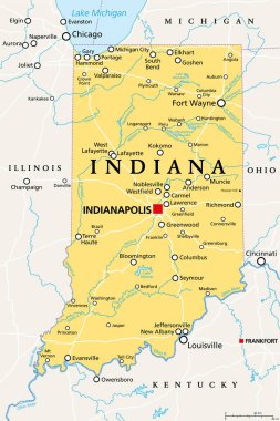 Indiana, IN, political map, with the capital Indianapolis, and most important cities, rivers and lakes. State in the Midwestern region of the United States of America, nicknamed The Hoosier State. clipart