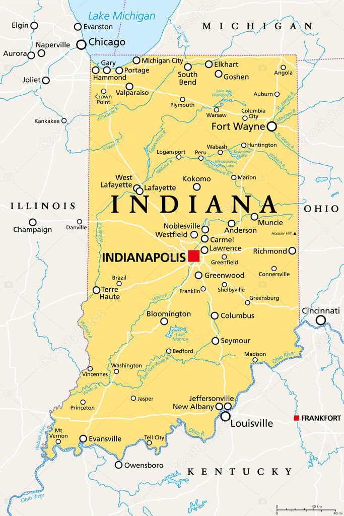 Indiana, IN, political map, with the capital Indianapolis, and most important cities, rivers and lakes. State in the Midwestern region of the United States of America, nicknamed The Hoosier State.