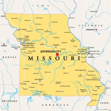 Missouri, MO, political map, with capital Jefferson City, and largest cities, lakes and rivers. State in Midwestern region of United States, nicknamed Show Me State, Cave State and Mother of the West.