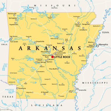 Arkansas, AR, politik harita, başkent Little Rock, ve en büyük şehirler, göller ve nehirler. Güney Orta Amerika 'da denize kıyısı olmayan bir eyalet, lakabı Doğal Devlet ve Fırsat Ülkesi..