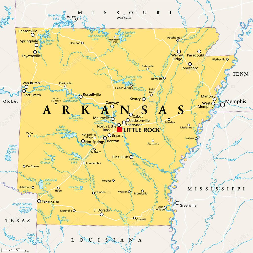 Arkansas, AR, political map, with capital Little Rock, and largest cities, lakes and rivers. Landlocked state in the South Central United States, nicknamed The Natural State, and Land of Opportunity.