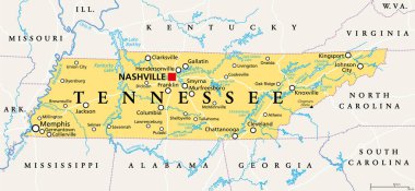 Tennessee, TN, politik harita, başkent Nashville, en büyük şehirler, göller ve nehirler. Tennessee Eyaleti. Birleşik Devletler 'in güneydoğu bölgesindeki denize kıyısı olmayan eyalete Gönüllü Devlet lakabı verildi..