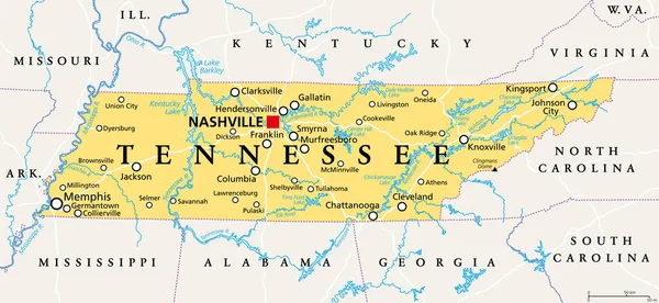 Tennessee Mapa Político Con Capital Nashville Ciudades Más Grandes Lagos — Vector de stock