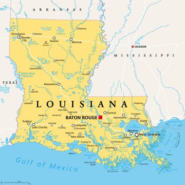 Louisiana, LA, political map, with capital Baton Rouge and metropolitan area New Orleans. State in Deep South and South Central regions of the United States, nicknamed Pelican, Bayou and Creole State. clipart