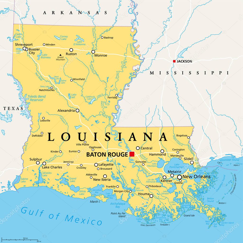 Louisiana, LA, political map, with capital Baton Rouge and metropolitan area New Orleans. State in Deep South and South Central regions of the United States, nicknamed Pelican, Bayou and Creole State.