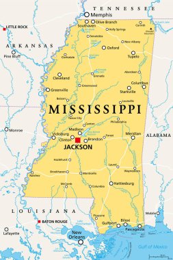 Mississippi, MS, politik harita, büyük Jackson, önemli şehirler, nehirler ve göller. ABD 'nin güneydoğu bölgesindeki Magnolia Eyaleti ve Konukseverlik Eyaleti lakabını aldı..