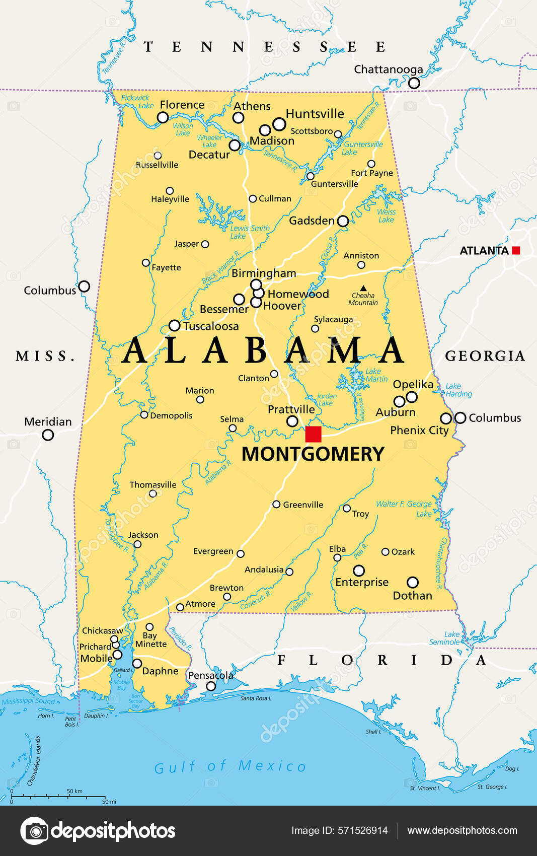 Alabama Political Map Capital Montgomery Cities Rivers Lakes State Southeastern Stock Vector