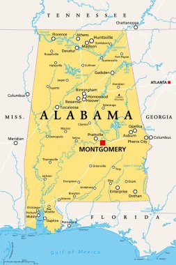 Alabama, AL, başkent Montgomery ile politik harita, şehirler, nehirler ve göller. Amerika Birleşik Devletleri 'nin güneydoğu bölgesinde, lakabı Yellowhammer State, Heart of Dixie ve Cotton State..