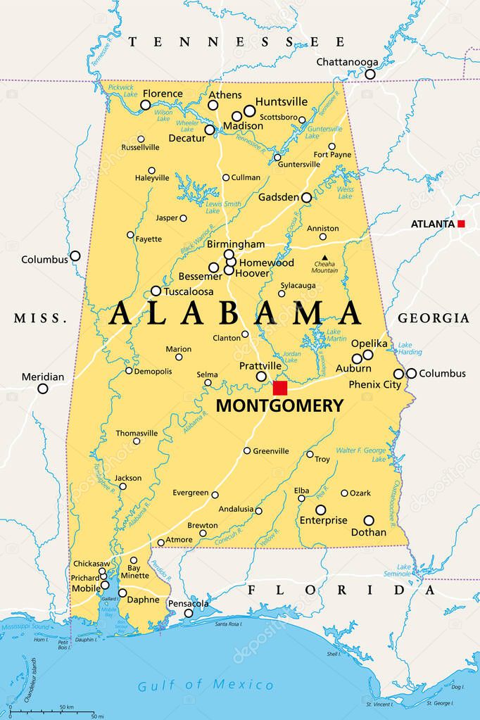Alabama, AL, political map with the capital Montgomery, cities, rivers and lakes. State in the Southeastern region of the United States, nicknamed Yellowhammer State, Heart of Dixie, and Cotton State.