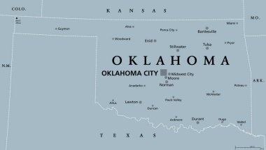 Oklahoma, tamam, gri politik harita, başkenti Oklahoma City ve en önemli şehirleri ile. Güney Orta Amerika 'daki Amerikan Eyaleti, lakabı 