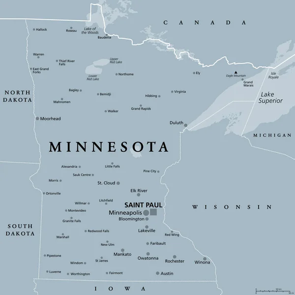 Minnesota Mapa Político Gris Con Capital Saint Paul Área Metropolitana — Vector de stock