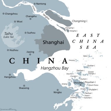 Şangay ve Yangtze Nehri Deltası, gri politik harita, büyük şehirler. Çin Megalopolisi, Yangtze Nehri 'nin Doğu Çin Denizi' ne döküldüğü yer, Hangzhou Körfezi ve Zhoushan Takımadası..